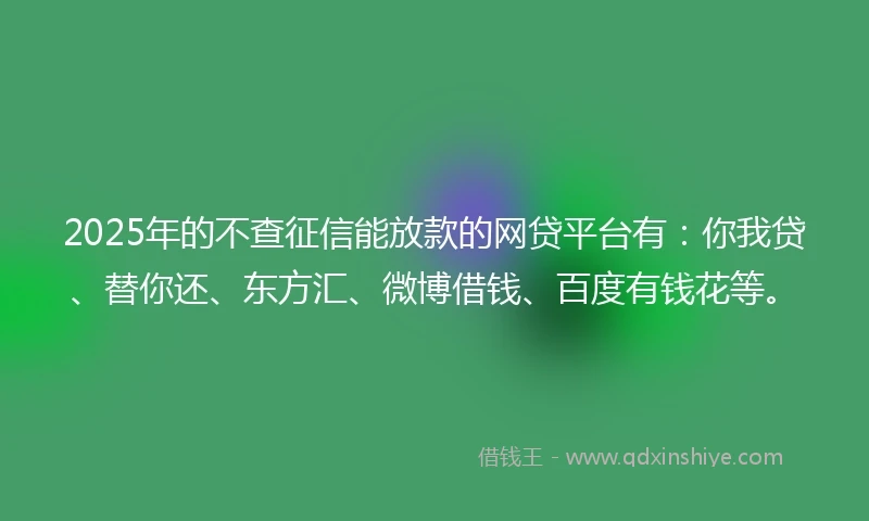 2025年的不查征信能放款的网贷平台有：你我贷、替你还、东方汇、微博借钱、百度有钱花等。