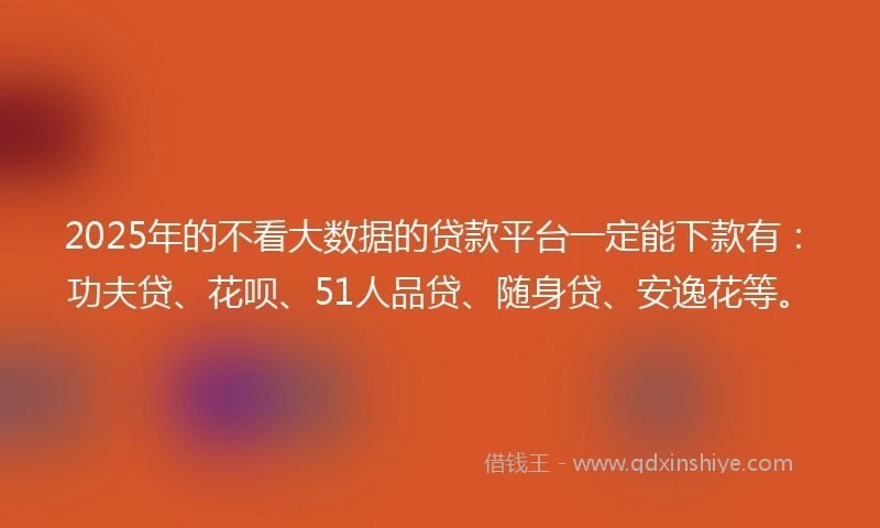 2025年的不看大数据的贷款平台一定能下款有:功夫贷、花呗、51人品贷、随身贷、安逸花等。