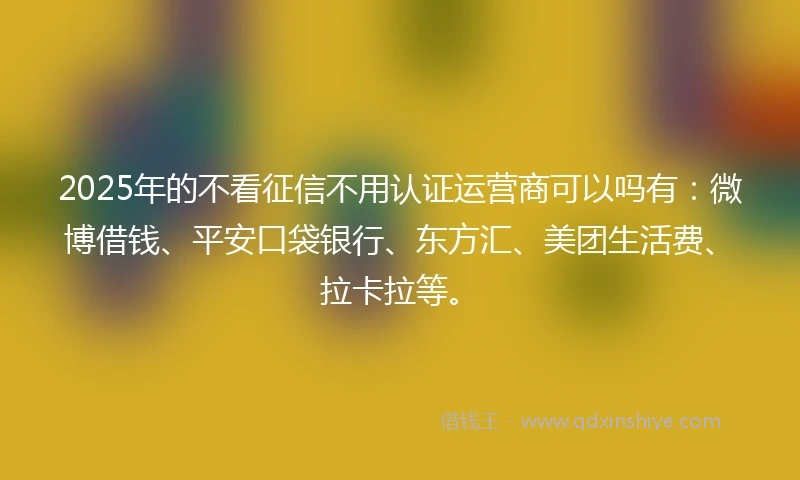 2025年的不看征信不用认证运营商可以吗有：微博借钱、平安口袋银行、东方汇、美团生活费、拉卡拉等。