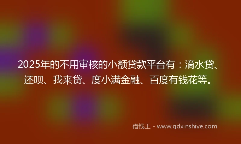 2025年的不用审核的小额贷款平台有：滴水贷、还呗、我来贷、度小满金融、百度有钱花等。
