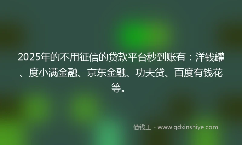2025年的不用征信的贷款平台秒到账有：洋钱罐、度小满金融、京东金融、功夫贷、百度有钱花等。