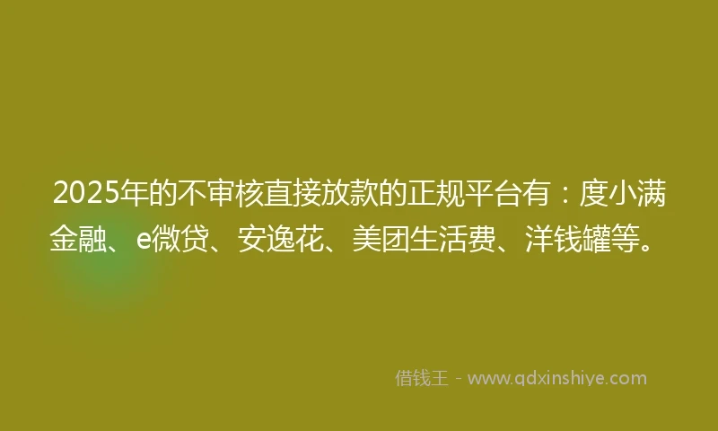 2025年的不审核直接放款的正规平台有：度小满金融、e微贷、安逸花、美团生活费、洋钱罐等。