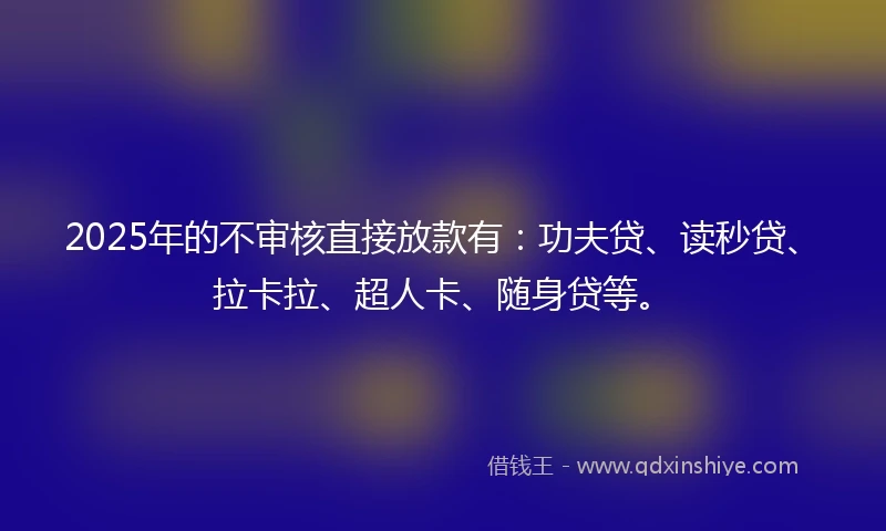 2025年的不审核直接放款有：功夫贷、读秒贷、拉卡拉、超人卡、随身贷等。