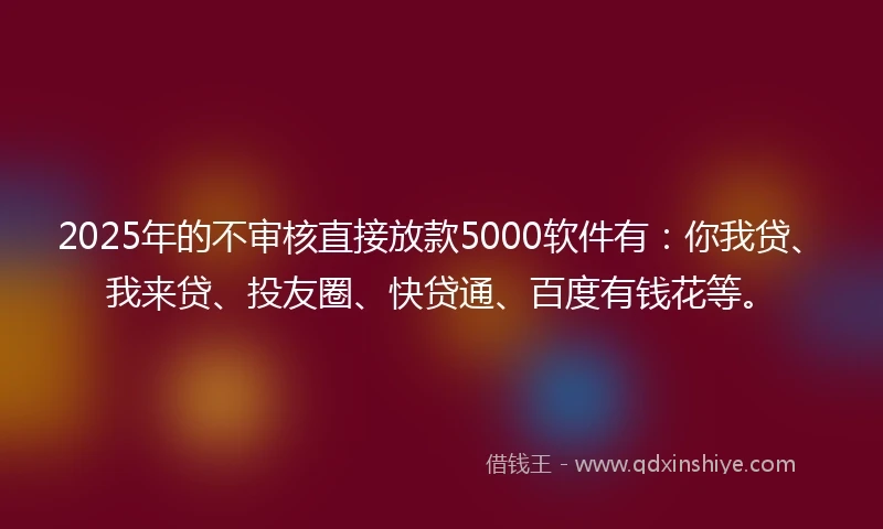 2025年的不审核直接放款5000软件有：你我贷、我来贷、投友圈、快贷通、百度有钱花等。