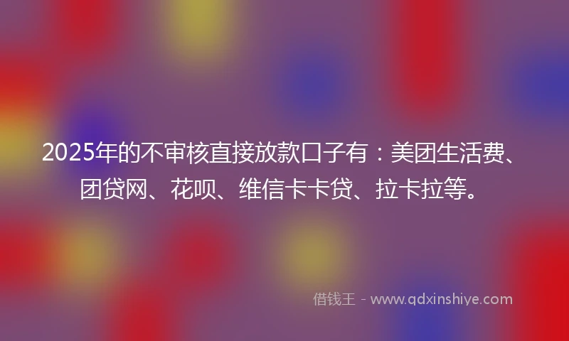 2025年的不审核直接放款口子有：美团生活费、团贷网、花呗、维信卡卡贷、拉卡拉等。