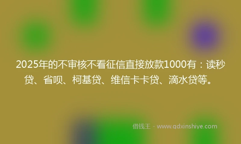 2025年的不审核不看征信直接放款1000有：读秒贷、省呗、柯基贷、维信卡卡贷、滴水贷等。