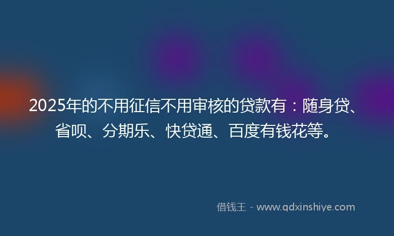 2025年的不用征信不用审核的贷款有：随身贷、省呗、分期乐、快贷通、百度有钱花等。