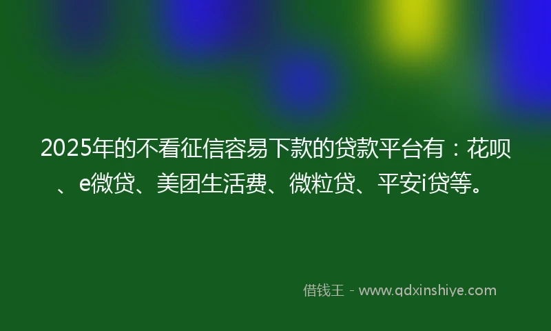 2025年的不看征信容易下款的贷款平台有：花呗、e微贷、美团生活费、微粒贷、平安i贷等。
