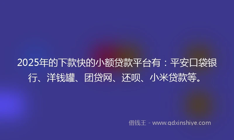 2025年的下款快的小额贷款平台有：平安口袋银行、洋钱罐、团贷网、还呗、小米贷款等。