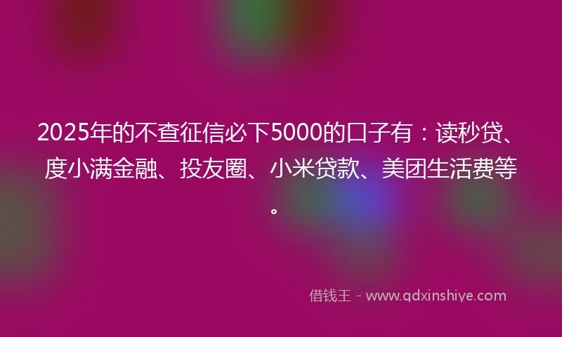 2025年的不查征信必下5000的口子有：读秒贷、度小满金融、投友圈、小米贷款、美团生活费等。