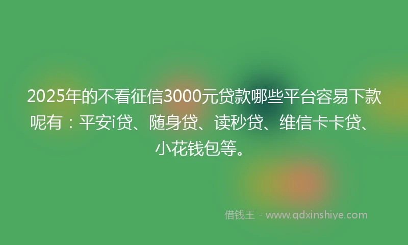 2025年的不看征信3000元贷款哪些平台容易下款呢有：平安i贷、随身贷、读秒贷、维信卡卡贷、小花钱包等。