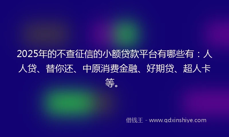 2025年的不查征信的小额贷款平台有哪些有：人人贷、替你还、中原消费金融、好期贷、超人卡等。