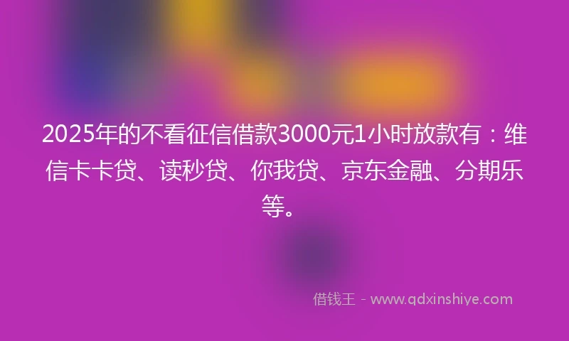 2025年的不看征信借款3000元1小时放款有：维信卡卡贷、读秒贷、你我贷、京东金融、分期乐等。