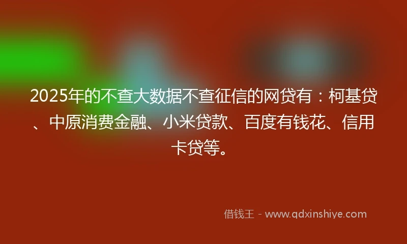 2025年的不查大数据不查征信的网贷有:柯基贷、中原消费金融、小米贷款、百度有钱花、信用卡贷等。