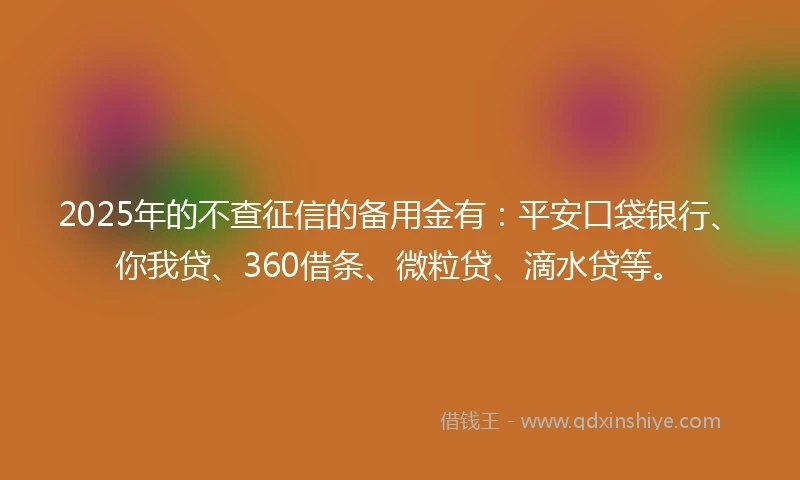 2025年的不查征信的备用金有：平安口袋银行、你我贷、360借条、微粒贷、滴水贷等。