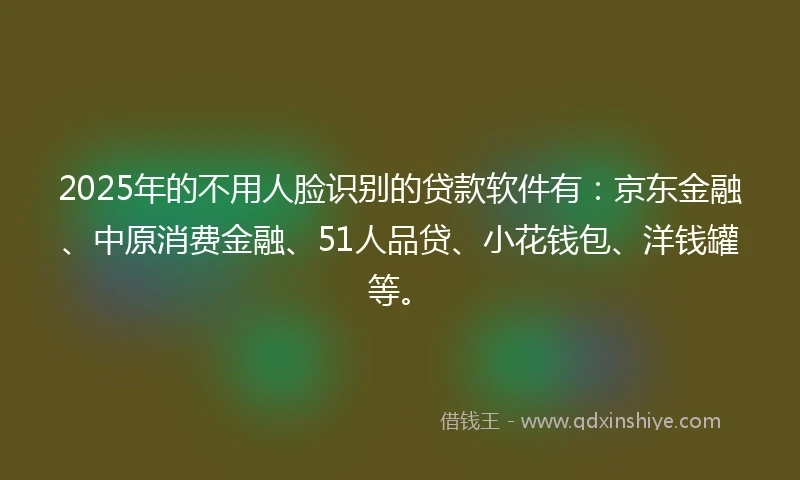 2025年的不用人脸识别的贷款软件有：京东金融、中原消费金融、51人品贷、小花钱包、洋钱罐等。