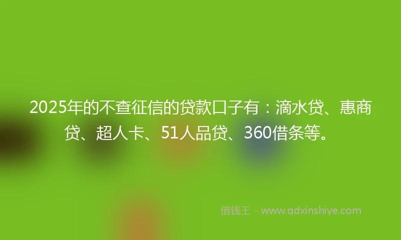 2025年的不查征信的贷款口子有：滴水贷、惠商贷、超人卡、51人品贷、360借条等。