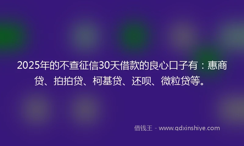 2025年的不查征信30天借款的良心口子有：惠商贷、拍拍贷、柯基贷、还呗、微粒贷等。