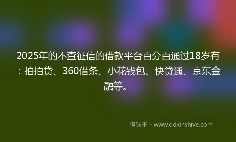 2025年的不查征信的借款平台百分百通过18岁有：拍拍贷、360借条、小花钱包、快贷通、京东金融等。