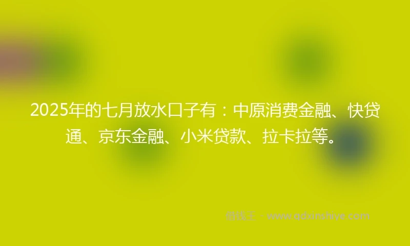 2025年的七月放水口子有:中原消费金融、快贷通、京东金融、小米贷款、拉卡拉等。