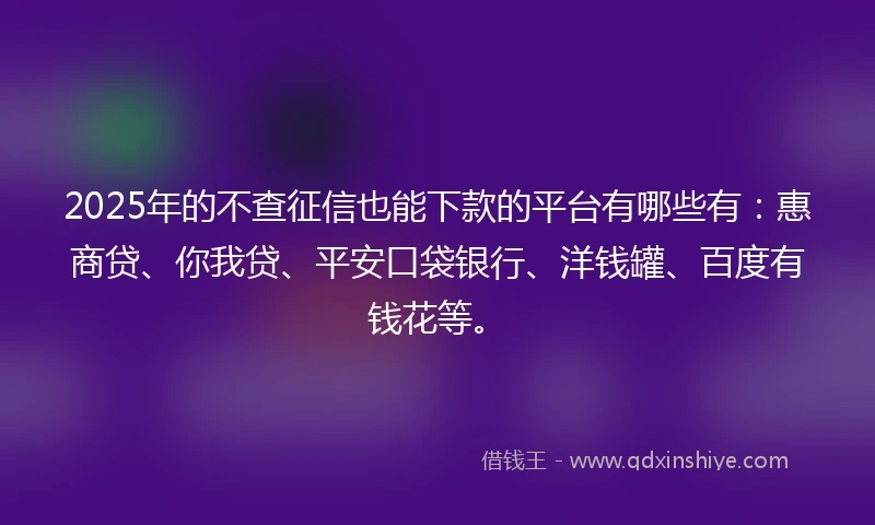 2025年的不查征信也能下款的平台有哪些有：惠商贷、你我贷、平安口袋银行、洋钱罐、百度有钱花等。
