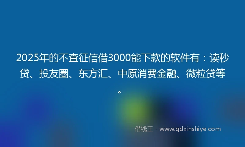 2025年的不查征信借3000能下款的软件有:读秒贷、投友圈、东方汇、中原消费金融、微粒贷等。