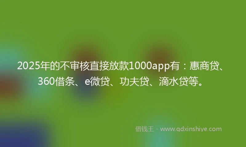 2025年的不审核直接放款1000app有：惠商贷、360借条、e微贷、功夫贷、滴水贷等。