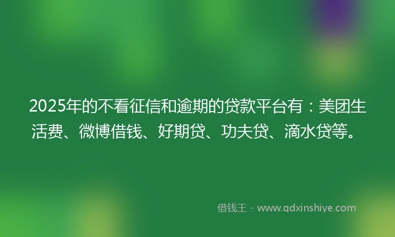 2025年的不看征信和逾期的贷款平台有：美团生活费、微博借钱、好期贷、功夫贷、滴水贷等。