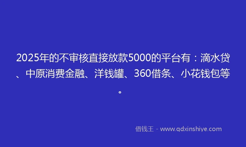 2025年的不审核直接放款5000的平台有：滴水贷、中原消费金融、洋钱罐、360借条、小花钱包等。