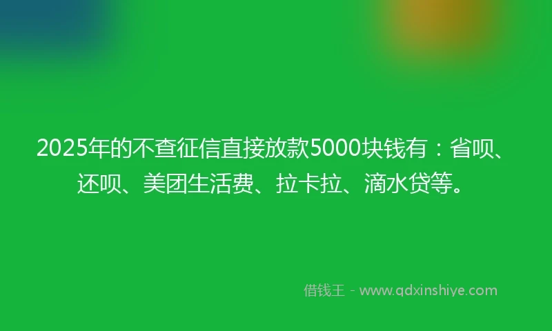 2025年的不查征信直接放款5000块钱有：省呗、还呗、美团生活费、拉卡拉、滴水贷等。