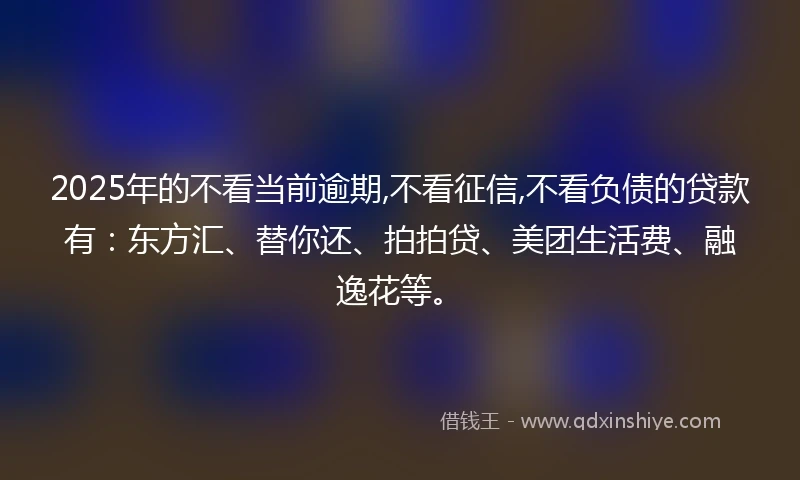 2025年的不看当前逾期,不看征信,不看负债的贷款有：东方汇、替你还、拍拍贷、美团生活费、融逸花等。