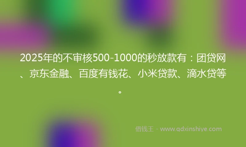 2025年的不审核500-1000的秒放款有：团贷网、京东金融、百度有钱花、小米贷款、滴水贷等。