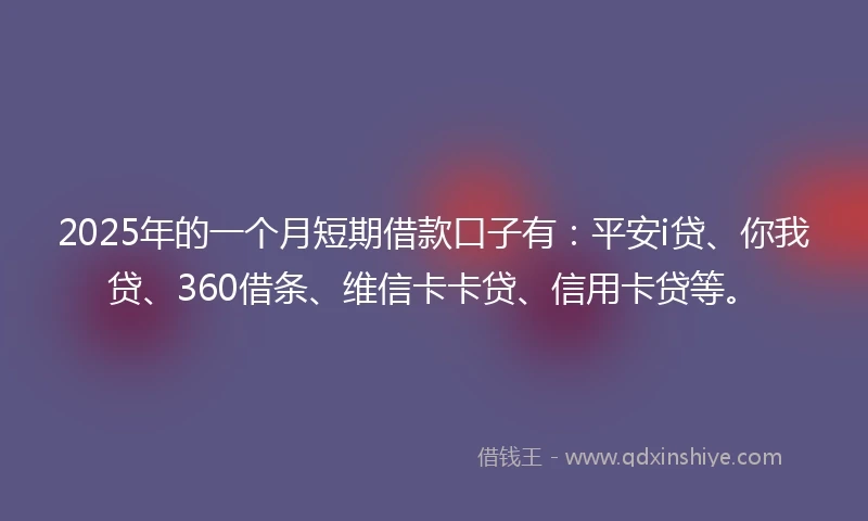 2025年的一个月短期借款口子有：平安i贷、你我贷、360借条、维信卡卡贷、信用卡贷等。