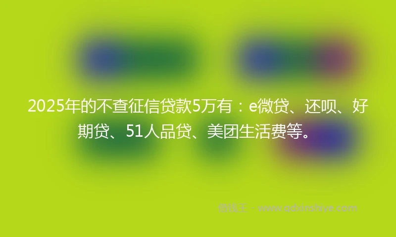 2025年的不查征信贷款5万有：e微贷、还呗、好期贷、51人品贷、美团生活费等。