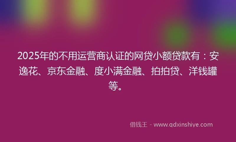 2025年的不用运营商认证的网贷小额贷款有：安逸花、京东金融、度小满金融、拍拍贷、洋钱罐等。