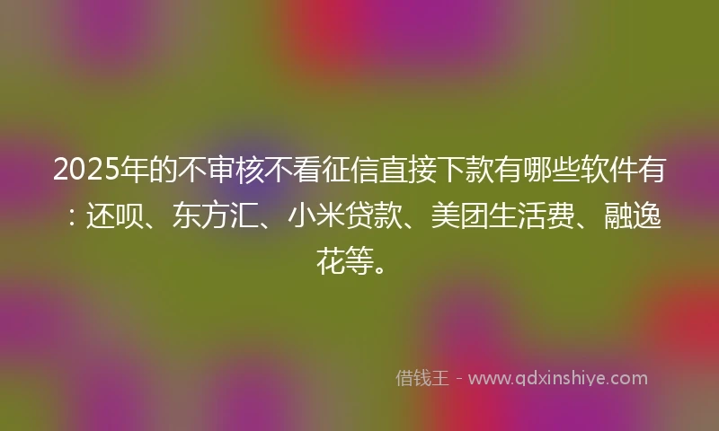 2025年的不审核不看征信直接下款有哪些软件有：还呗、东方汇、小米贷款、美团生活费、融逸花等。