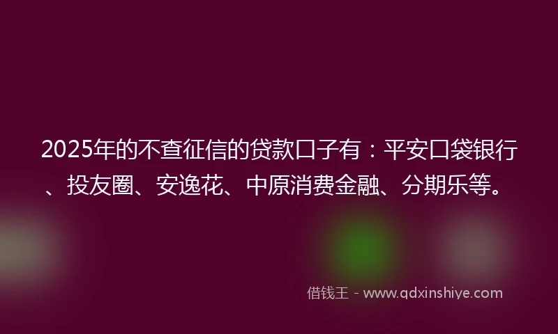 2025年的不查征信的贷款口子有：平安口袋银行、投友圈、安逸花、中原消费金融、分期乐等。