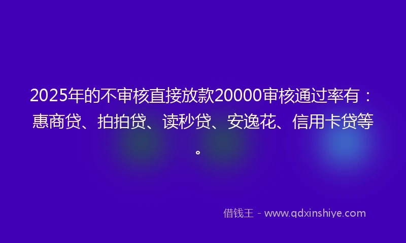 2025年的不审核直接放款20000审核通过率有：惠商贷、拍拍贷、读秒贷、安逸花、信用卡贷等。