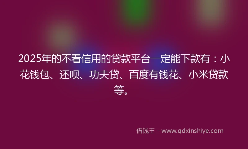 2025年的不看信用的贷款平台一定能下款有：小花钱包、还呗、功夫贷、百度有钱花、小米贷款等。