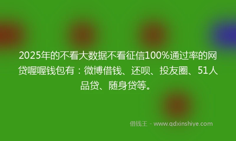 2025年的不看大数据不看征信100%通过率的网贷喔喔钱包有：微博借钱、还呗、投友圈、51人品贷、随身贷等。
