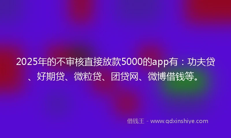 2025年的不审核直接放款5000的app有：功夫贷、好期贷、微粒贷、团贷网、微博借钱等。