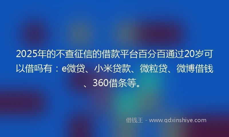 2025年的不查征信的借款平台百分百通过20岁可以借吗有：e微贷、小米贷款、微粒贷、微博借钱、360借条等。