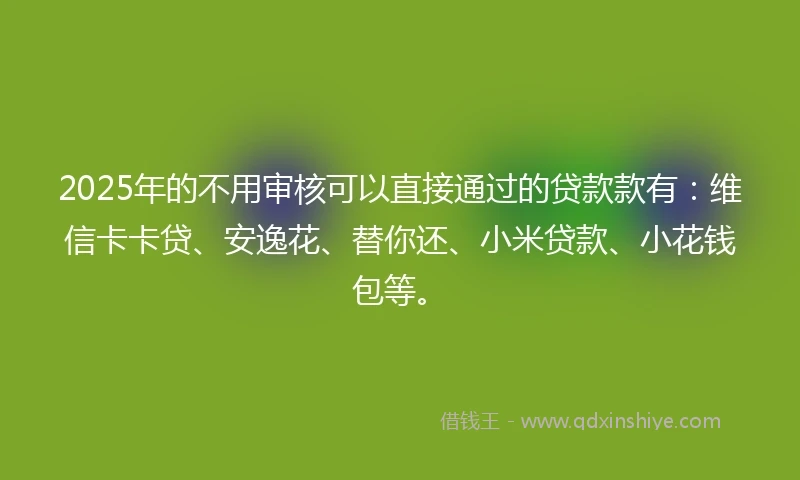 2025年的不用审核可以直接通过的贷款款有：维信卡卡贷、安逸花、替你还、小米贷款、小花钱包等。