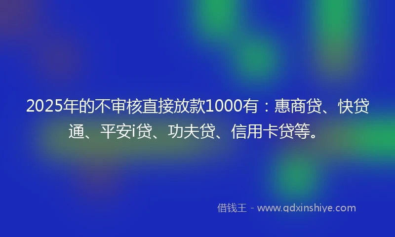 2025年的不审核直接放款1000有：惠商贷、快贷通、平安i贷、功夫贷、信用卡贷等。