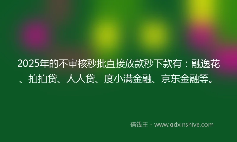 2025年的不审核秒批直接放款秒下款有：融逸花、拍拍贷、人人贷、度小满金融、京东金融等。