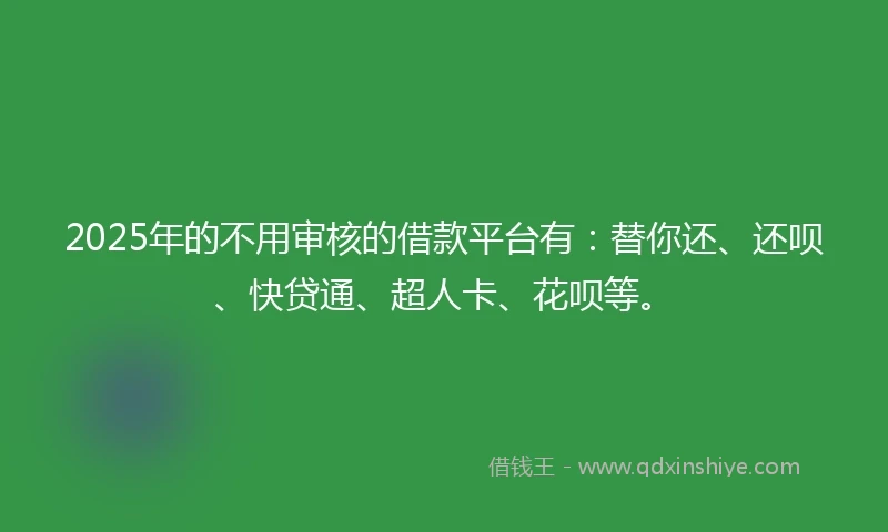 2025年的不用审核的借款平台有：替你还、还呗、快贷通、超人卡、花呗等。