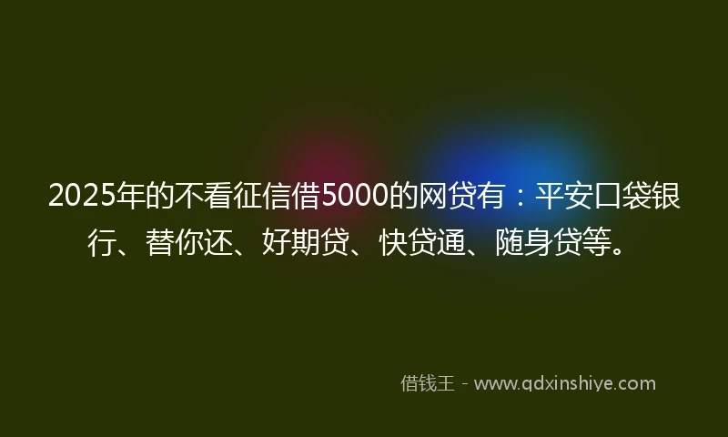 2025年的不看征信借5000的网贷有：平安口袋银行、替你还、好期贷、快贷通、随身贷等。