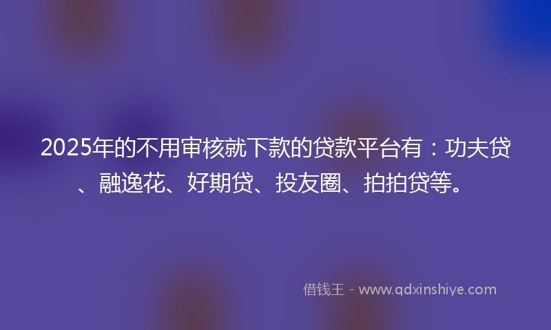 2025年的不用审核就下款的贷款平台有：功夫贷、融逸花、好期贷、投友圈、拍拍贷等。