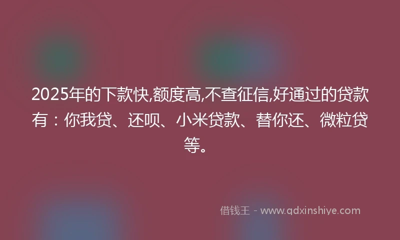2025年的下款快,额度高,不查征信,好通过的贷款有：你我贷、还呗、小米贷款、替你还、微粒贷等。