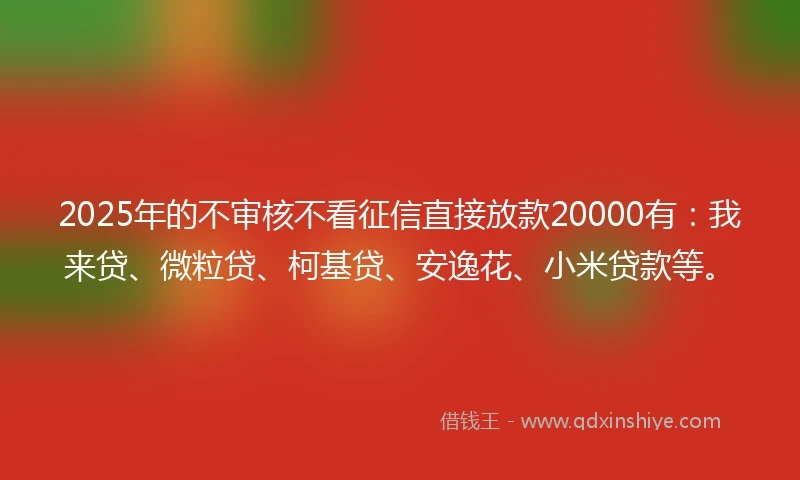 2025年的不审核不看征信直接放款20000有：我来贷、微粒贷、柯基贷、安逸花、小米贷款等。